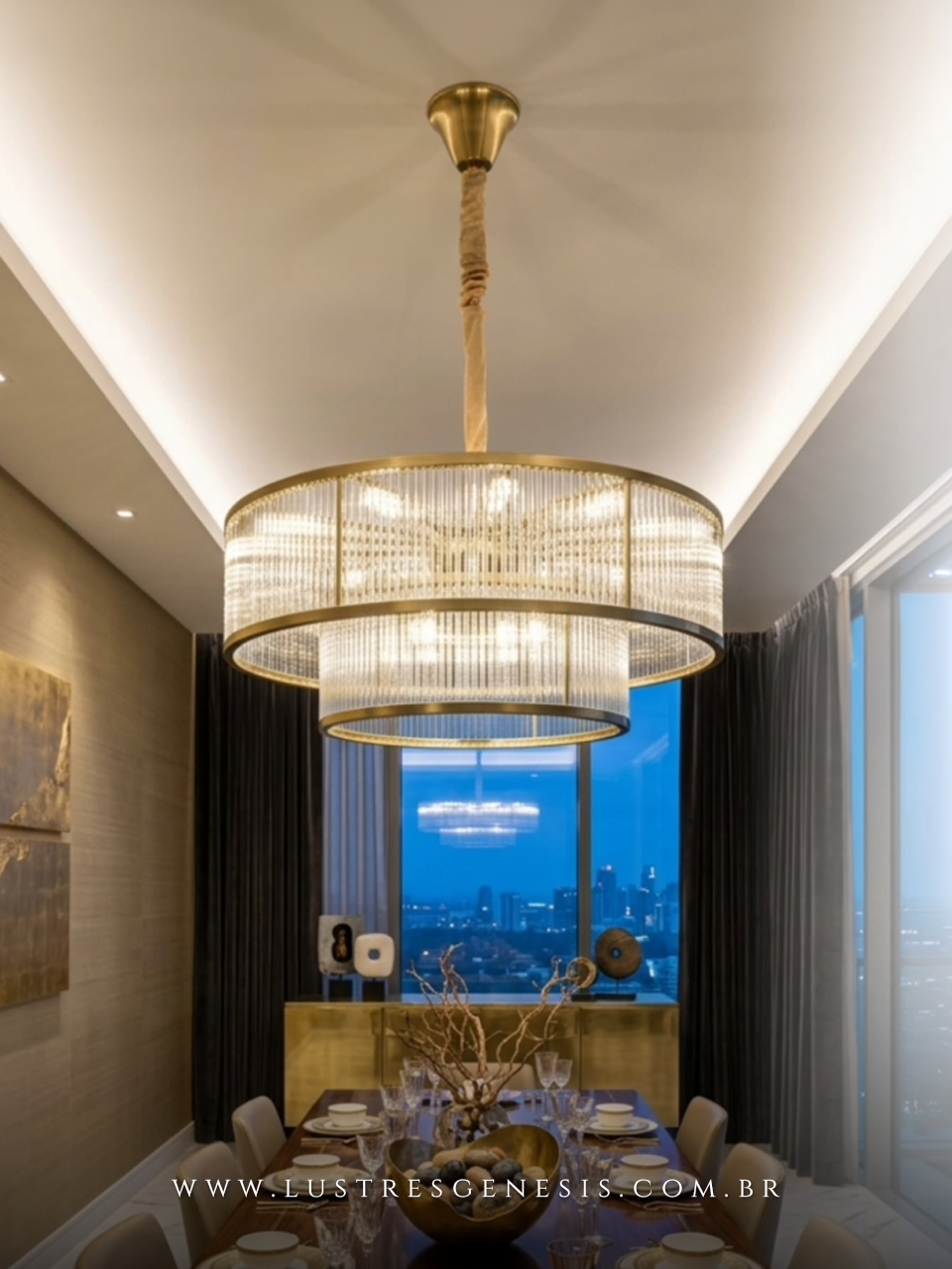 Lustre Pendente Ø80cm de Cristal Dourado Redondo Para Salas de Luxo, Escritórios e Mesa de Jantar